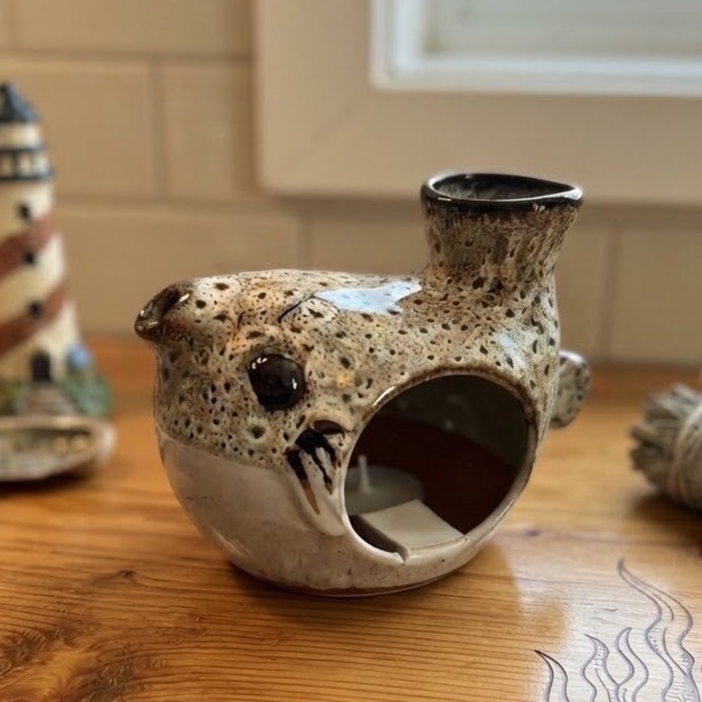 Vintage Studio Pottery Puffer Fish Tea Light Grey Ashtray Speckled Ceramic